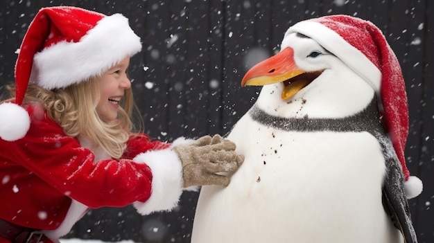 Un pinguino che indossa un cappello di Babbo Natale e una sciarpa immagine natalizia illustrazione fotorealista