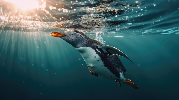 Un pinguino che nuota vita marina sottomarina oceano Pinguino in superficie e immersione immersione acqua Generativo Ai