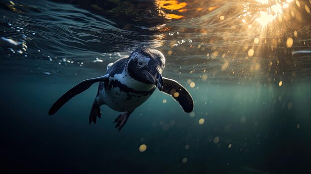 Un pinguino che nuota vita marina sottomarina oceano Pinguino in superficie e immersione immersione acqua Generativo Ai