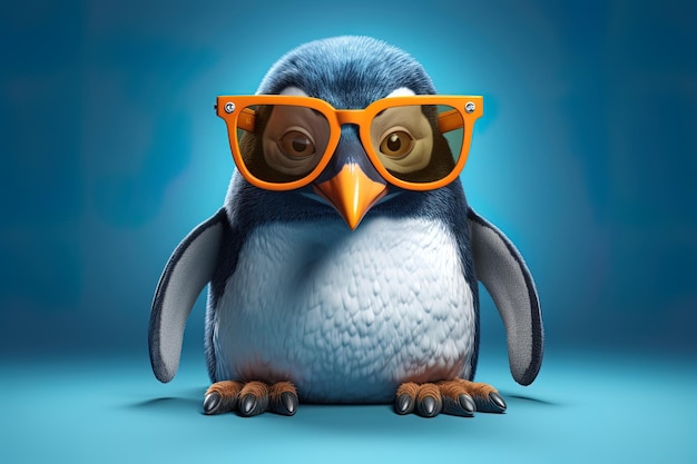 un pinguino con gli occhiali arancioni e uno sfondo blu