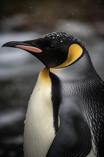 Un pinguino con la testa gialla e le piume bianche è in piedi nella neve.