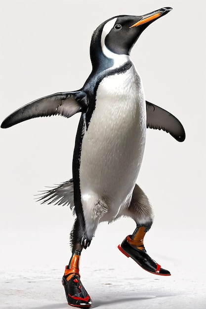 un pinguino con le ali spalancate che cammina