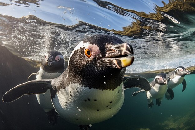 un pinguino con un becco arancione e un pinguine bianco e nero in acqua