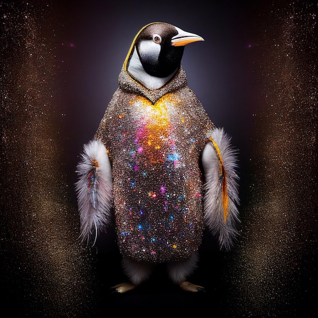 Un pinguino con un mantello glitterato con su scritto "galassia".
