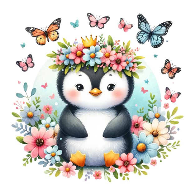 Un pinguino coronato circondato da farfalle e fiori