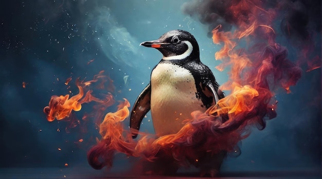 un pinguino è in fiamme con le fiamme e un fuoco sullo sfondo