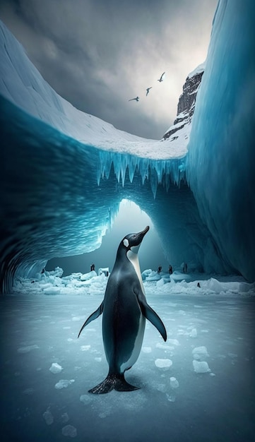 Un pinguino in una grotta di ghiaccio con un pinguino sul fondo.