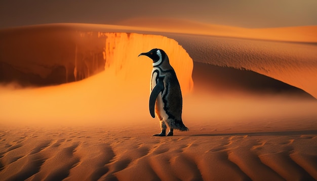 Un pinguino si trova nel deserto al tramonto.