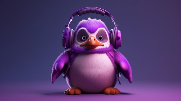 Un pinguino viola con le cuffie e una felpa con cappuccio