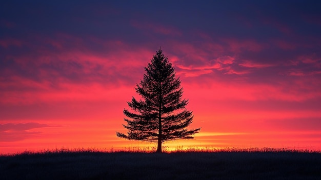 Un pino sullo sfondo di un colorato tramonto