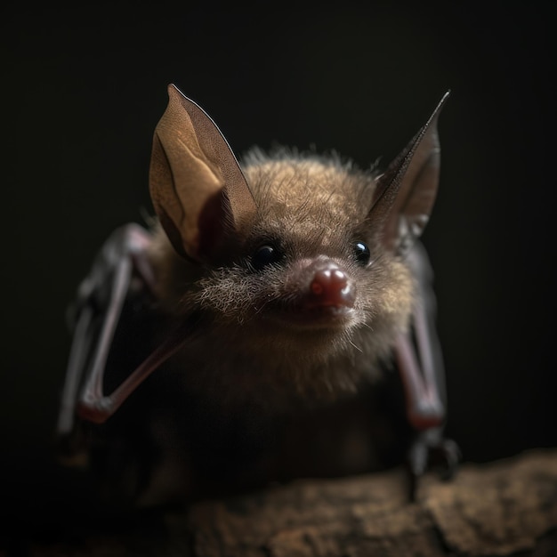 Un pipistrello si siede su un ramo con uno sfondo nero.