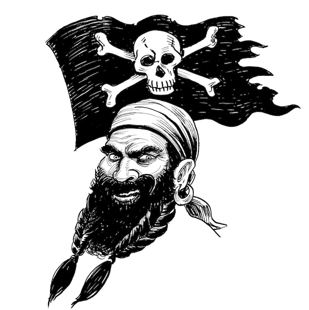 Un pirata con un cappello nero e una bandiera pirata in testa.