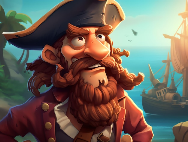 Un pirata con un cappello rosso e un cappello rosso si trova di fronte a una nave nell'oceano.