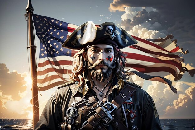 Un pirata in piedi con la bandiera americana Felice Veterans Day Generato da Ai