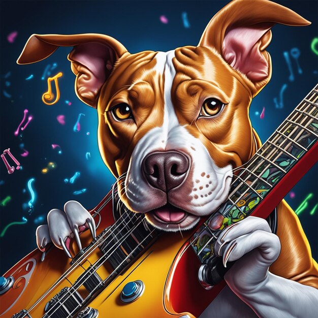 Un pitbull giocoso che suona la chitarra bassa catturato in uno stile di fumetti vibrante e dinamico