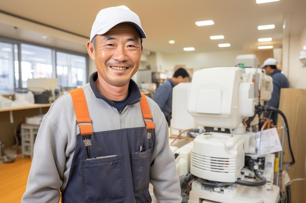 Un pittore asiatico sorridente in tuta esegue riparazioni in ufficio e tira fuori le attrezzature da ufficio.