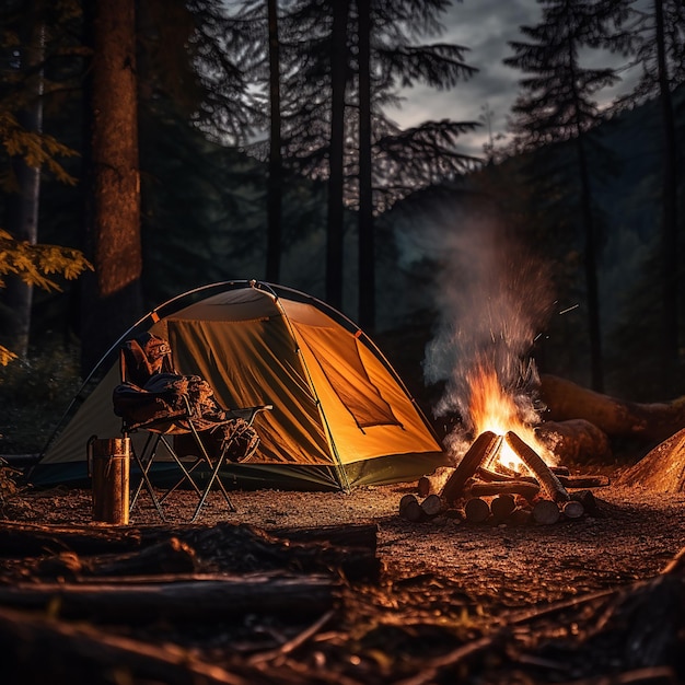 Un pittoresco campeggio in natura con tende e fuoco da campo fotografato da professionisti