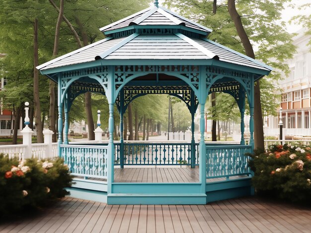 Un pittoresco gazebo blu che accentua un luogo bellissimo