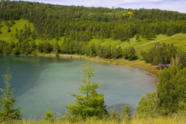 Un pittoresco lago circondato da montagne con erba verde e alberi