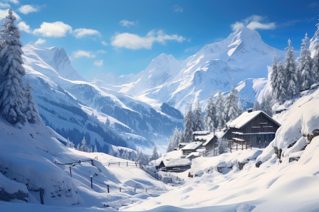 Un pittoresco paesaggio montano innevato con case e alberi incastonati tra la neve bianca Idilliache Alpi svizzere con una coltre di neve fresca Generato dall'IA