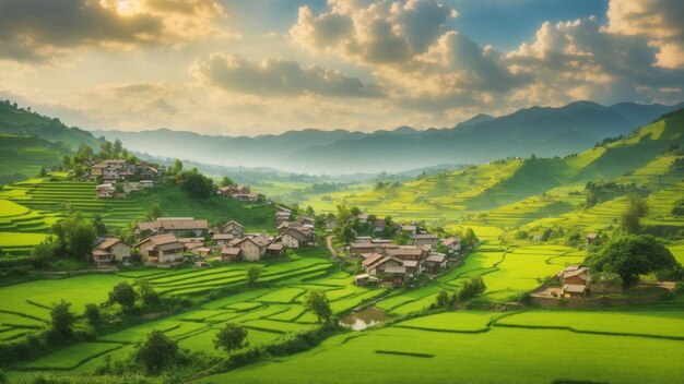 Un pittoresco villaggio immerso in lussureggianti campi verdi