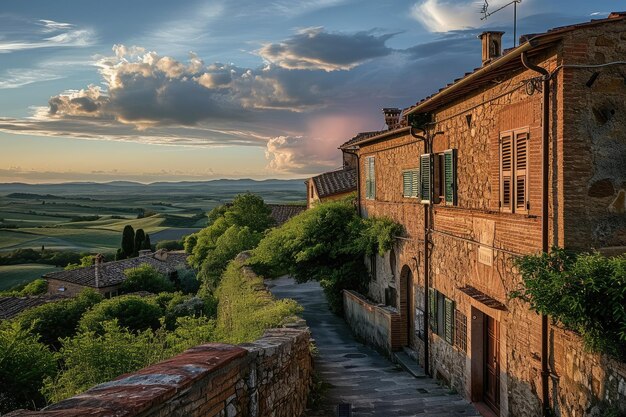 Un pittoresco villaggio rurale in Toscana durante il crepuscolo generato dall'AI