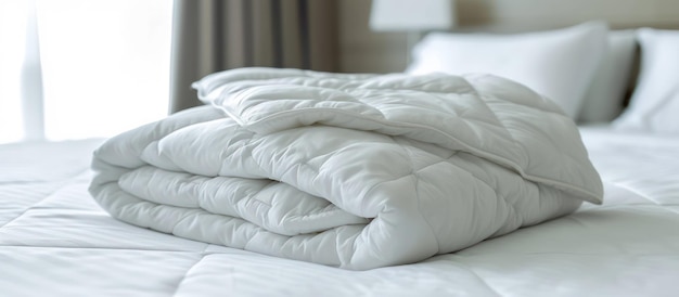 Un piumone piegato bianco sdraiato sul letto di una camera da letto in un hotel o in una casa con sfondo di luce solare generato dall'AI