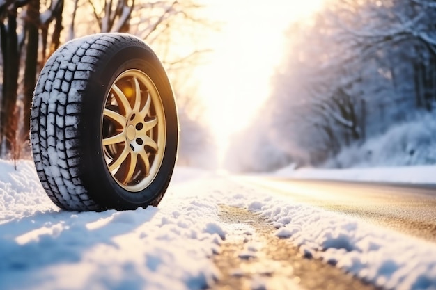 Un pneumatico da auto invernale sul lato di una strada coperta di neve