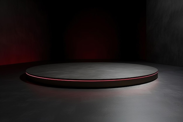 un podio a piattaforma circolare con luce al neon rossa su sfondo scuro