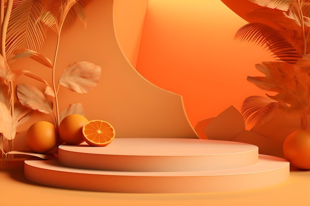 Un podio arancione con sopra una palma e delle arance