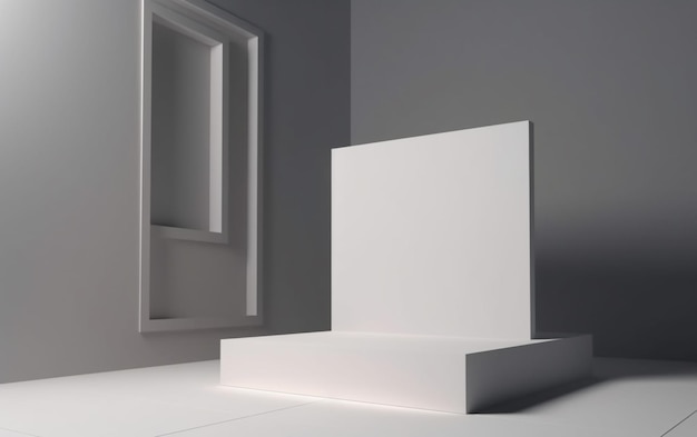 Un podio bianco in una stanza con una finestra sullo sfondo.