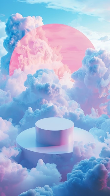 Un podio bianco si erge in mezzo a un mare di nuvole rosa toccate dal caldo bagliore di un tramonto creando un ambiente surreale per le esposizioni di prodotti