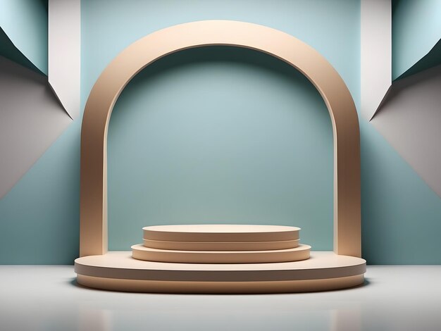 un podio blu e bianco con un anello d'oro attorno ad esso un rendering 3D di Jacob Toorenvliet