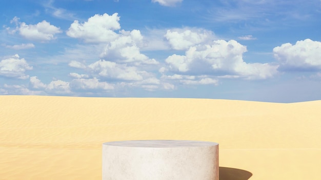 Un podio cilindrico nel deserto contro un cielo blu con nuvole