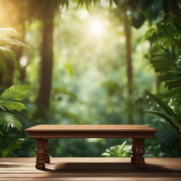 Un podio di esposizione di prodotti a tavolo vuoto di legno illuminato dalla luce solare con sfondo di giungla