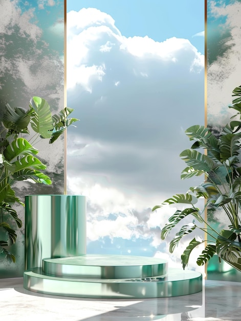 Un podio di marmo incontaminato situato tra la verdura lussureggiante sotto un vasto cielo con nuvole soffice che crea una scena idilliaca per la presentazione dei prodotti