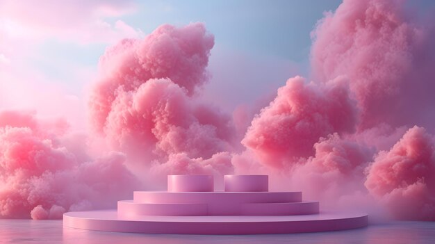 Un podio di nuvole rosa sullo sfondo di un cielo blu con nuvole rosa e viola