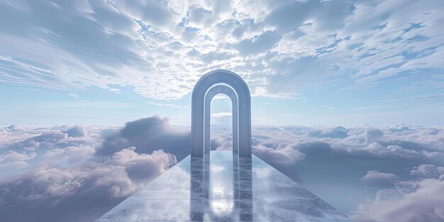 Un podio di un'apertura ad arco etereo incorniciato da un arco metallico sullo sfondo delle nuvole