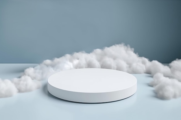 Un podio rotondo bianco con poche nuvole sullo sfondo generativo ai