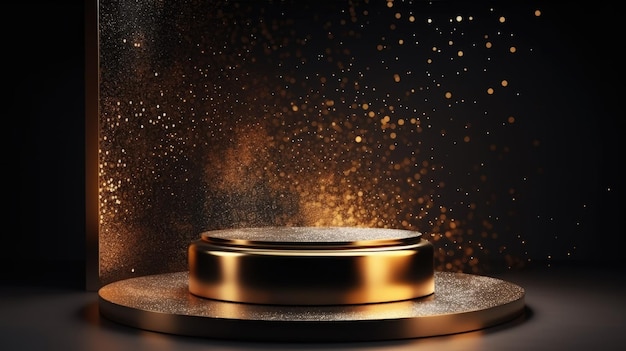 Un podio rotondo d'oro con sopra un anello d'argento rotondo.