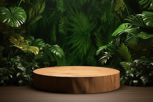 Un podio rotondo in legno con uno sfondo di giungla