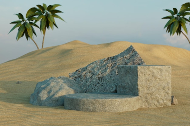Un podio rotondo in pietra per la collocazione delle merci sullo sfondo di montagne di sabbia e palme