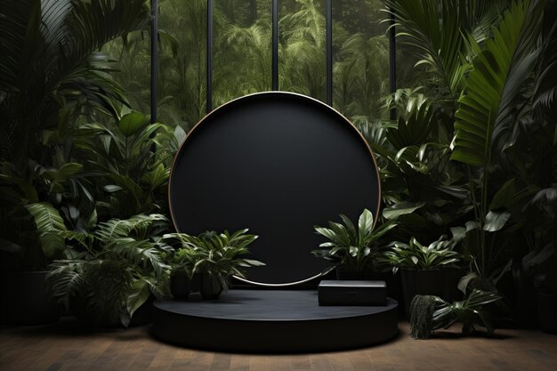 Un podio rotondo vuoto su un tavolo di legno con lussureggianti piante tropicali sullo sfondo
