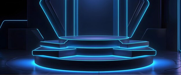 un podio vuoto uno sfondo di elementi blu neon luminosi piattaforma di prodotto demo studio.