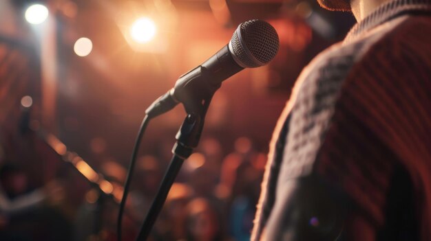 Un poeta che esegue il suo lavoro sul palco la sua voce trema di emozione mentre il pubblico si siede