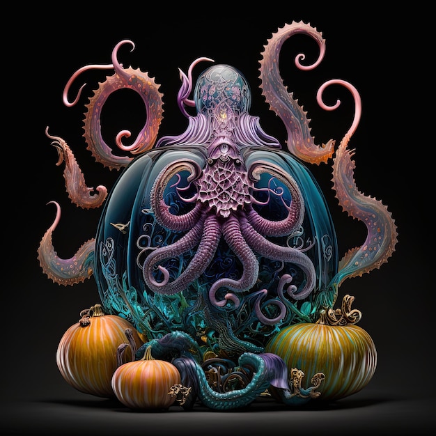 Un polipo colorato con tentacoli su sfondo nero.