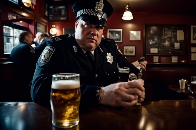 Un poliziotto che si rilassa al bar dopo il turno.