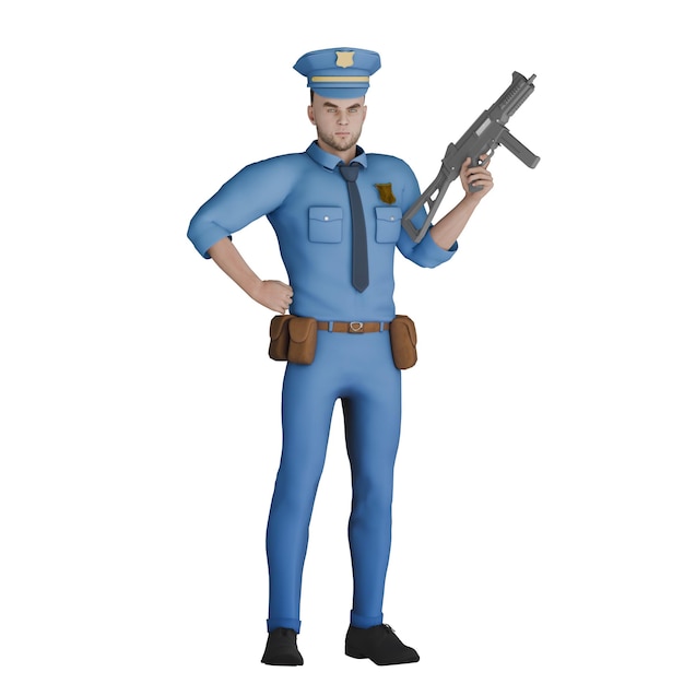 Un poliziotto in piedi con la mano destra sulla vita mentre la mano sinistra tiene una pistola lunga 3D Maschio