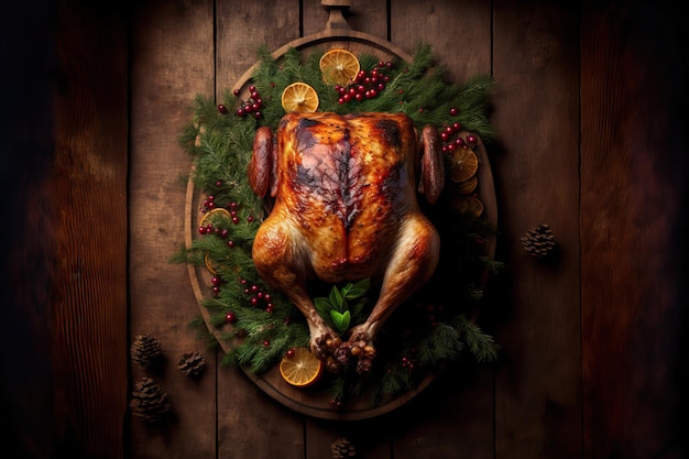 Un pollo arrosto pieno decorato per Natale uno sfondo di legno che guarda in alto