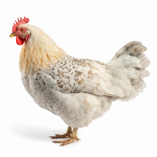 Un pollo bianco e marrone con una cresta rossa sulla testa.